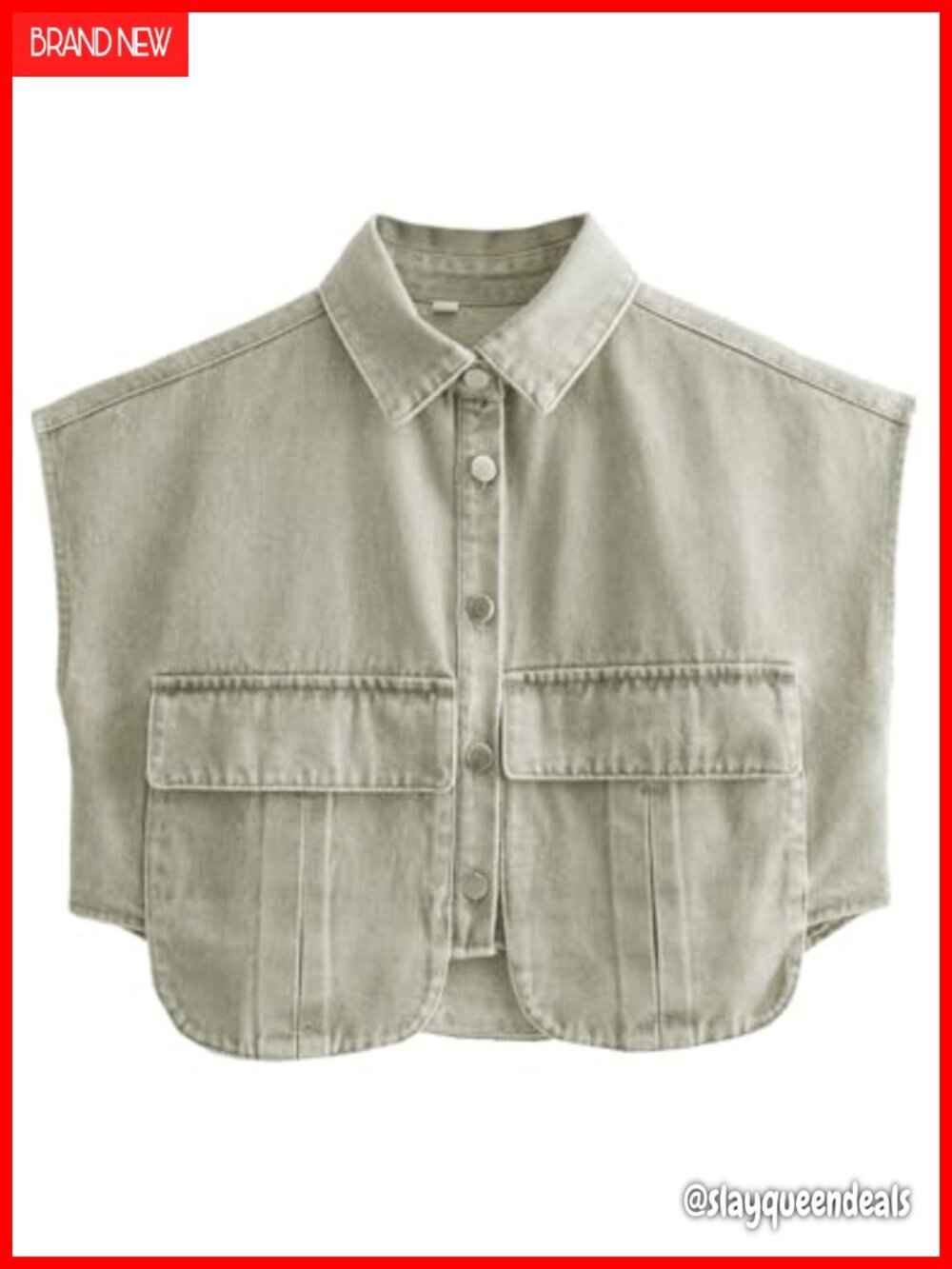 Denim Button Down Crop Top Sleeveless Collared Shirt with Pockets